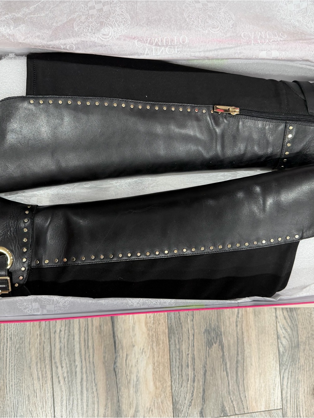 Vince Camuto Black Over-the-Knee Boots with Gold Studs